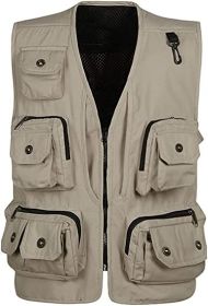 Men's Casual Multi Pocket Cargo Vest Outdoor Work Photography Fishing Vest Jacket (size: BEIGE-S)