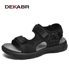 DEKABR Summer Men Casual Beach Outdoor Water Shoes Breathable Trekking Fashion Sandals Fishing Genuine Leather Leisure Shoes (Color: 02 Black, size: 9.5)