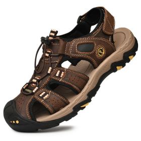 Summer Men Casual Beach Outdoor Water Shoes Breathable Trekking Sandals Hiking Climbing Fishing Genuine Leather Leisure Sandals (Color: Dark brown, size: 42)