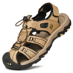 Summer Men Casual Beach Outdoor Water Shoes Breathable Trekking Sandals Hiking Climbing Fishing Genuine Leather Leisure Sandals (Color: Light Brown, size: 46)