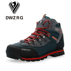 DWZRG Men Hiking Shoes Waterproof Leather Shoes Climbing & Fishing Shoes New Popular Outdoor Shoes Men High Top Winter Boots (Color: Dark Blue Red, size: 46)